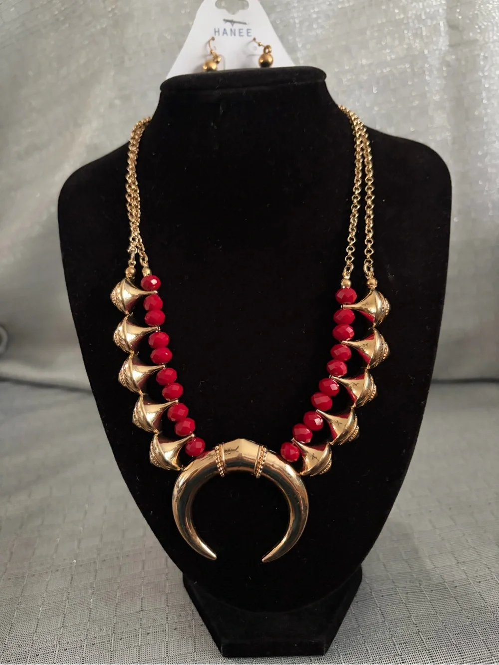 Hanee Gold-Tone Crescent Necklace with Red Beads